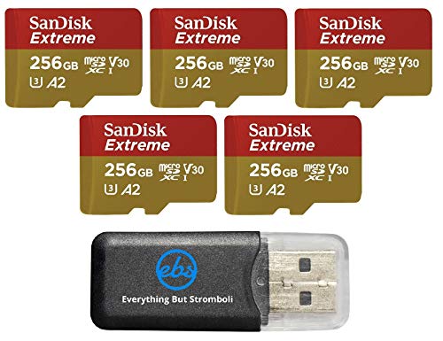 SanDisk Micro Lot de 5 cartes mémoire Extreme 256 Go compatibles avec DJI Air 2S, Air 2, Mini, Mini 2, Mavic 2 Drone Series (SDSQXAV-256G-GN6MN) avec 1 lecteur de carte microSD Everything But
