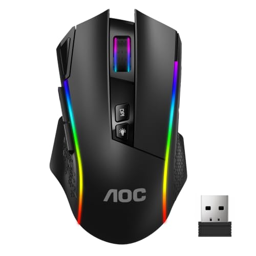 AOC GM401 Souris de jeu RVB sans fil, 12 000 DPI, coupe rapide, 70 heures | 2,4 GHz sans câble 0 retard Bluetooth 5.0 USB-C filaire, touches de reprogrammage, rétroéclairage vibrant