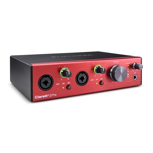 Interface audio Focusrite Clarett 2Pre alimentée en USB-C pour la production musicale, avec deux préamplis de niveau professionnel et de puissantes sorties casques entrées instruments haute fidélité