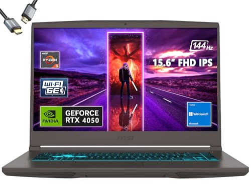 MSI Thin 15 Ordinateur portable de jeu 15,6 144 Hz, AMD R5-7535HS, RTX 4050, Windows 11, avec HDMI (64 Go de RAM | SSD PCIe 1 To)