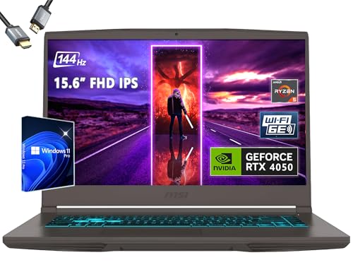 msi Thin 15 Ordinateur portable de jeu 15,6 144 Hz, AMD R5-7535HS, RTX 4050, Windows 11 Pro, avec HDMI (32 Go de RAM, SSD PCIe 1 To pro)