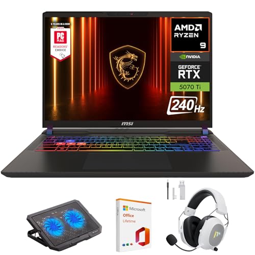 msi Vector 16 HX AI Ordinateur portable de jeu QHD 16 po 240 Hz, AMD Ryzen 9 8940HX, NVIDIA Geforce RTX 5070Ti, 16 Go de RAM, 1 To SSD, Thunderbolt 4, Wi-Fi 7, Win 11, gris cosmo, avec accessoire