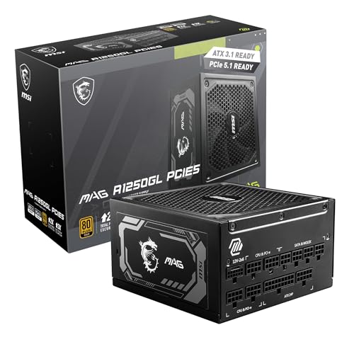 MSI MAG A1250GL PCIE5, Fully Modular Compact Gaming 1250W Power Supply, 80 Gold, ATX 3.1 PCIe 5.1 Ready, Native Dual-Color 12V-2x6 Cable, 10 Year Warranty