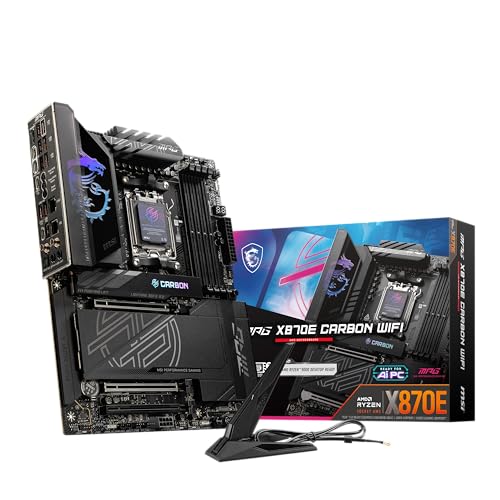 MSI MPG X870E Carte-mère de Jeu sans Fil Carbone (processeurs AMD Ryzen 9000 8000 7000, AM5, DDR5, PCIe 5.0, M.2 Gen5, SATA 6 Go s, USB 40 Gbit s, HDMI, Wi-FI 7, Bluetooth 5.4, LAN 5 Gbit s, ATX)