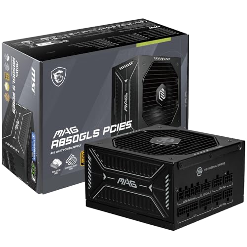 MSI MAG A850GLS PCIE5, Bloc d'alimentation Compact Gaming 850 W entièrement modulaire, 80 Or, ATX 3.1 et PCIe 5.1 Ready, câble natif Double Couleur 12 V-2x6, Silencieux, câbles de Gaine en Relief