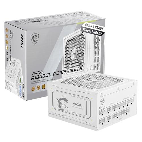 MSI MAG A1000GL PCIE5 Bloc d'alimentation 1000 W pour Jeu Compact entièrement modulaire Blanc 80 Or, ATX 3.1 et PCIe 5.1, câble natif Bicolore 12 V-2 x 6, Faible Bruit, câbles gainés gaufrés