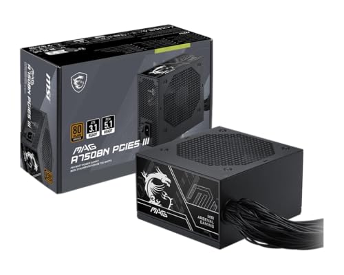 MSI MAG A750BN PCIE5 III, Alimentation de Jeu Non modulaire 750 W, 80 Bronze, Double câbles 12 V-2 x 6, condensateur de qualité Serveur, ATX 3.1 et PCIe 5.1, Faible Bruit, Semi-numérique, Garantie 5