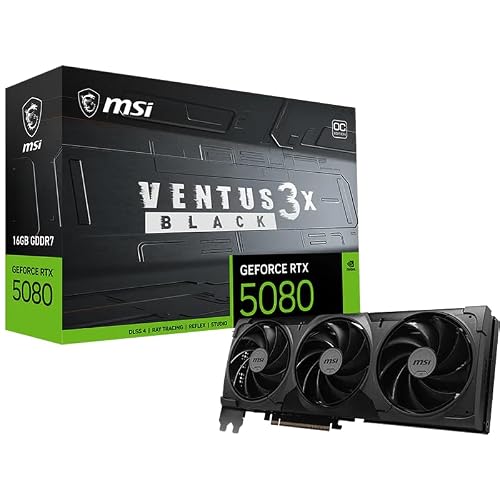 msi Gaming RTX 5080 16G Ventus 3X OC Carte Graphique Noire (16 Go GDDR7, 256 Bits, Extreme Clock 2640 MHz, DisplayPort x 3 2.1a, HDMI 2.1b, Nvidia Blackwell Architecture)