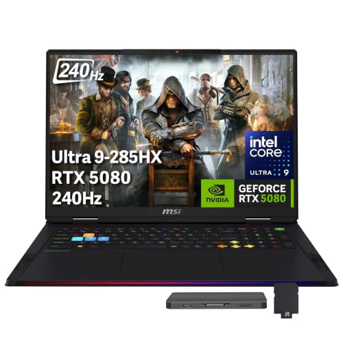 msi Raider Ordinateur portable de jeu QHD 240 Hz, Intel Core Ultra 9 285HX, GeForce RTX 5080 16 Go GDDR7, 64 Go DDR5, 3 To de stockage (SSD 2 To station d'accueil 1 To), rétroéclairé, copilote