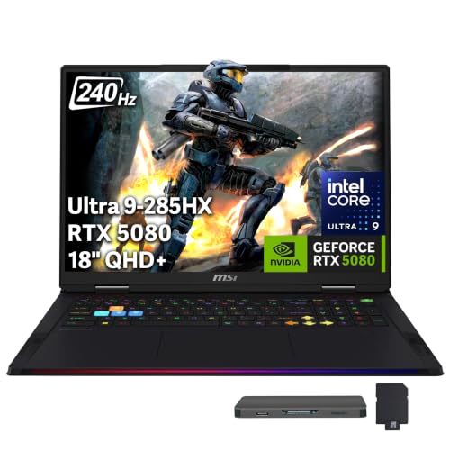 msi Raider Ordinateur portable de jeu QHD 240 Hz, Intel Core Ultra 9 285HX, GeForce RTX 5080 16 Go GDDR7, 64 Go DDR5, 5 To de stockage (SSD 4 To station d'accueil 1 To), clavier rétroéclairé, Wi-Fi