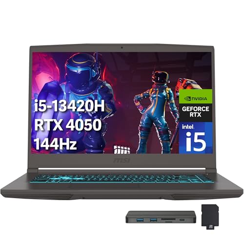 msi Thin 15 Ordinateur portable de jeu FHD 144 Hz, Intel i5-13420H, NVIDIA GeForce RTX 4050, 64 Go de RAM DDR4, SSD PCIe de 2 To, clavier rétroéclairé, Wi-Fi 6E, webcam, Win 11 Pro, gris, ensemble de