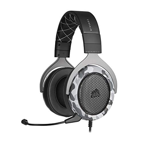 Corsair HS60 Casque de Jeu stéréo haptique avec Basses haptiques, écouteurs en Mousse à mémoire de Forme, Microphone Amovible, Compatible Windows Sonic, certifié Discord pour PC – Camouflage Arctique