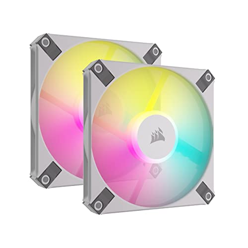 Corsair AF120 RGB Slim, 120mm PWM Fluid Dynamic Bearing Fan Kit - Profil Fin pour Les Boîtiers de Petite Taille - Jusqu'à 2000 RPM - 8 LED RGB Adressables - Dual Pack avec Lighting Node Core - Blanc