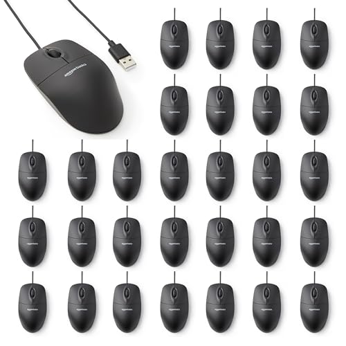 Amazon Basics Lot de 30 Souris USB filaires à 3 Boutons, Noir