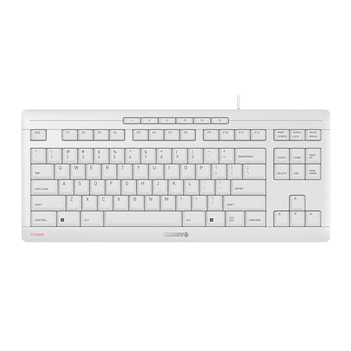 CHERRY STREAM KEYBOARD TKL, clavier mécanique filaire sans pavé numérique, Disposition US (QWERTY), Frappe silencieuse, Sensation de frappe unique, Blanc grisé