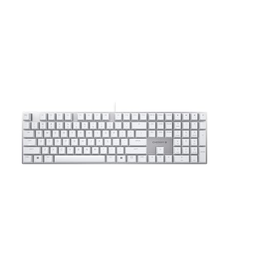 CHERRY KC 200 MX, Clavier de Bureau mécanique avec Plaque en métal anodisé, Disposition US (QWERTY), Filaire, MX2A Silent Red Switches, Blanc argenté