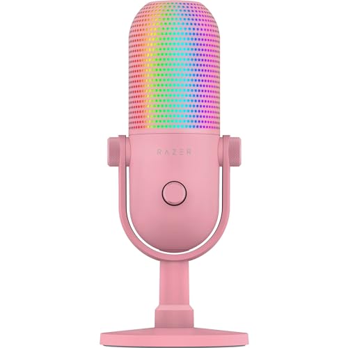 Razer Seiren V3 Chroma RGB USB Microphone Stream Game Reactive Lighting - Tap-to-Mute Sensor - Condenser Mic - Digital Gain Limiter Shock Absorber - PC, Discord, OBS Studio, XSplit - Quartz Pink