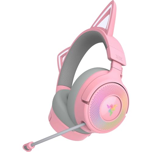 Razer Kraken Kitty V3 Pro Casque de Jeu sans Fil RVB Chroma RGB Kitty Ears - 2,4 GHz, Bluetooth 5.3, USB A - Micro Super Large Bande - Pilotes de 40 mm - Audio Spatial THX - Coussinets d'oreille