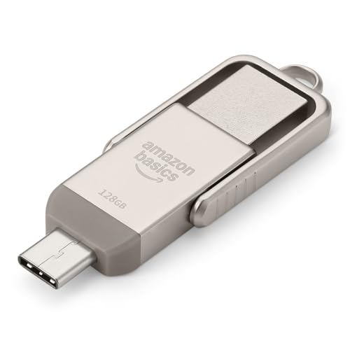 Amazon Basics Clé USB, Périphérique de Stockage avec Double Port USB-C et USB-A, 128GB, Champagne Argenté