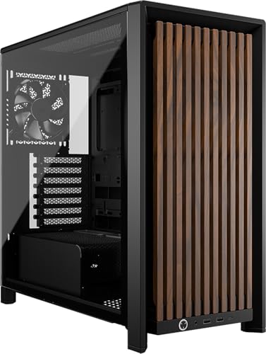 CORSAIR Frame 4000D Wood RS Boîtier PC Moyen-Tour – Panneau Avant en Bois, 4 Ventilateurs PWM RS120 Inclus, Compatible avec Carte Mère Inversée, Stabilisation Anti-affaissement – Noir Noyer
