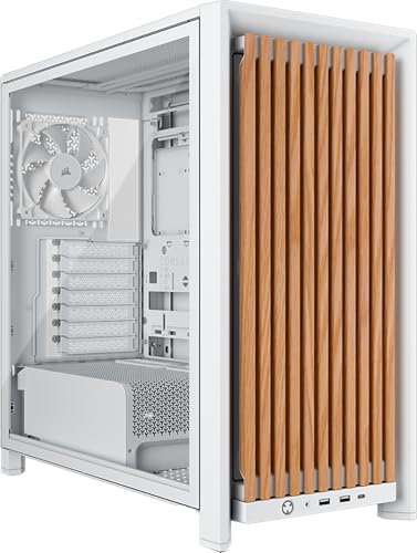 CORSAIR Frame 4000D Wood RS Boîtier PC Moyen-Tour – Panneau en Avant Bois, 4 Ventilateurs PWM RS120 Inclus, Compatible avec Carte Mère Inversée, Stabilisation Anti-affaissement – Blanc Chêne