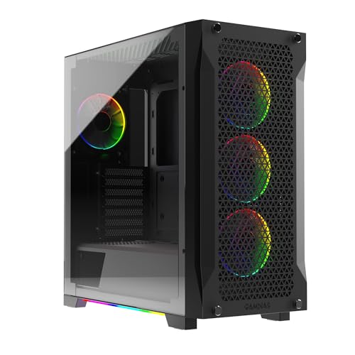 GAMDIAS PC Gamer Boitier, Boîtiers Gaming ATX Moyen Tour Vide, Airflow Mesh Case, 4 Ventilateurs ARGB de 120mm Intégrés, Système de Gestion des Cables