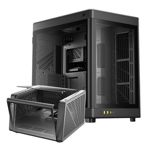 GAMDIAS PC Gamer Boitier, Boîtiers Gaming EATX Grand Tour Vide, 2 Positions, Double Chambre, Porte en Verre Trempé à Ouverture Tactile, Airflow, Noir