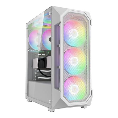 GAMDIAS Aura GC1 Elite Boîtier PC Gamer ATX Tour Moyenne, Panneau Frontal en Maillage pour Le Flux d'air, 4 Ventilateurs ARGB de 120 mm Inclus, Panneau Latéral en Verre Trempé, Blanc