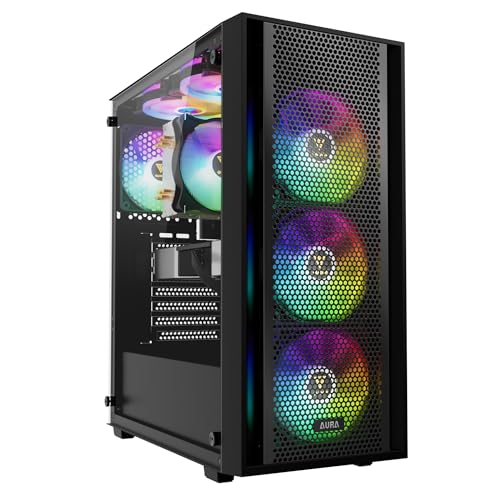 GAMDIAS Aura GC2 Elite ARGB Boîtier PC Gamer ATX Tour Moyenne, Panneau Frontal en Maillage pour Le Flux d'air, 4 Ventilateurs ARGB de 120 mm Inclus, Panneau Latéral en Verre Trempé, Noir