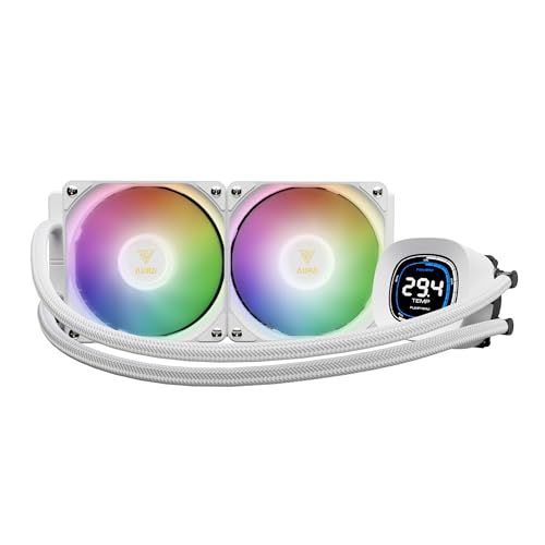 GAMDIAS AURA GL240 DIGITAL Refroidisseur Liquide AIO CPU 240mm, Affichage en Temps Réel, Ventilateurs PWM Hydrauliques, Synchronisation MB ARGB, LGA20XX 1851 1700 115X 1200 AM5 AM4 AM3, Blanc