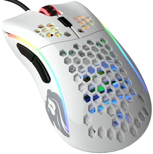 Glorious Gaming Model D- (Petite) Souris de jeu filaire - 61 g, nid d’abeille, RGB, capteur Pixart 3360, switches Omron, pieds en PTFE, 6 boutons - Blanc brillant