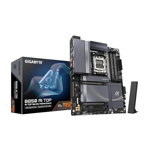 GIGABYTE Carte mère B850 AI Top AMD AM5 LGA 1718, ATX, DDR5, 3X M.2, PCIe 5.0, USB-C, WIFI7, 10GbE LAN, EZ-Loquet
