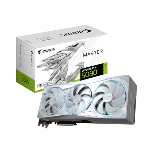 GIGABYTE Carte graphique AORUS GeForce RTX 5080 Master ICE 16G, système de refroidissement WINDFORCE, 16 Go 256 bits GDDR7, GV-N5080AORUSM ICE-16GD Carte vidéo