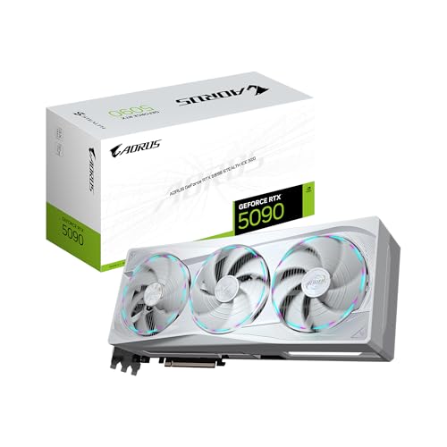 GIGABYTE AORUS GeForce RTX 5090 Stealth Ice 32G Carte Graphique 32 Go 512 Bits GDDR7, PCIe 5.0, système de Refroidissement WINDFORCE, Support VGA Polyvalent, GV-N5090AORUSST ICE-32GDVideo