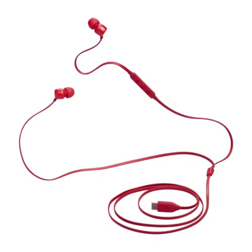 JBL Tune 310 C, Écouteurs filaires Hi-Res, son Pure Bass JBL, connexion USB-C, câble plat anti-nœuds, télécommande à trois touches avec microphone, en rouge