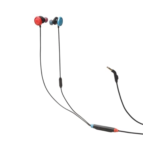 JBL Quantum 50N, écouteurs gaming intra-auriculaires filaires, son QuantumSURROUND, comptabilité multiplateformes, micro avec focalisation sur la voix, technologie Twistlock Comfort, en rouge et bleu