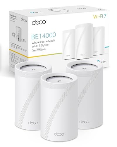 TP-Link Deco BE68 (3-Pack), WiFi 7 Mesh BE14000 tri-Bande, 14 Gbit s, Port Ethernet jusqu'à 10 Gbit s, Bande 6 GHz, Couverture jusqu'à 700 m², Compatible avec Toutes Les Box Internet Fibre