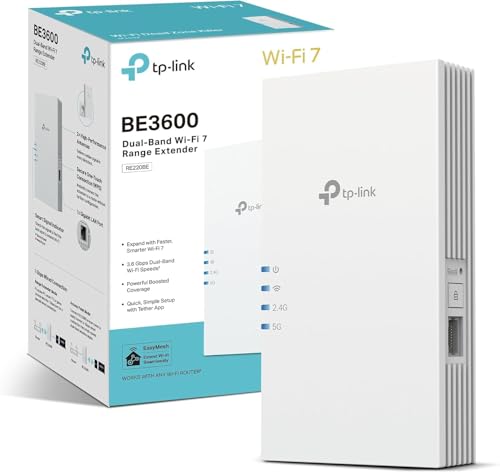 TP-Link Répéteur WiFi 7 Puissant 3600 Mbps Bi-Bande, Port Gigabit, RE220BE | Compatible toutes box, EasyMesh, Profitez du WiFi 7 sans Changer Votre Box, Idéal pour Streaming 8K Gaming