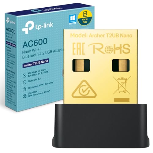 TP-Link Adaptateur USB AC600 Nano Wi-Fi Bluetooth 4.2, double bande sans fil, prend en charge Windows 11 10 8.1 8 7 pour Wi-Fi, Windows 11 10 8.1 7 pour Bluetooth, sécurité WPA3, Plug and Play (Archer
