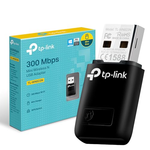 TP-Link Clé WiFi Puissante N300 Mbps, Mini Adaptateur USB WiFi, dongle WiFi, Bouton WPS, Compatible avec Windows 11 10 8.1 8 7 XP, Mac OS 10.15 et Versions antérieures, Linux, Noir, TL-WN823N