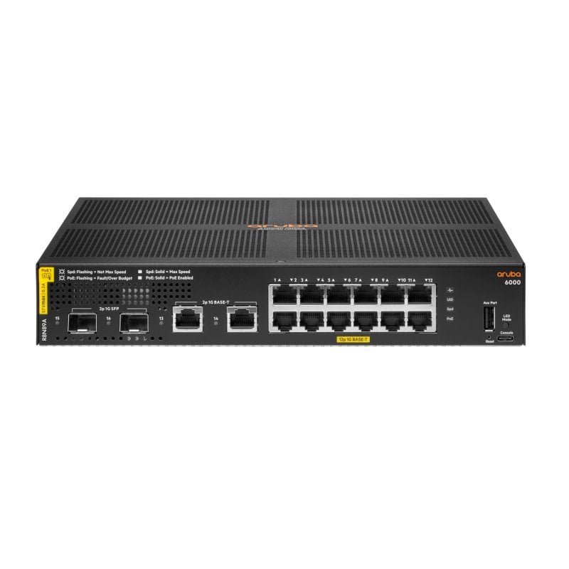 HPE Aruba 6000 12G Class4 PoE 2G 2SFP 139W Géré L3 Gigabit Ethernet (10 100 1000) Connexion Ethernet, supportant l'alimentation via ce port (PoE) 1U