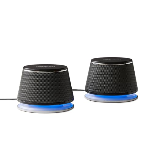 Amazon Basics Enceintes Haut-parleurs stéréo 2.0 pour PC ou ordinateur portable, entrée auxiliaire 3,5 mm, alimentation USB, 1 paire, noir