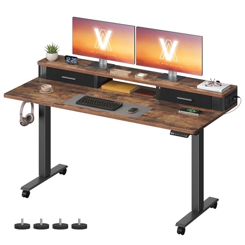 VASAGLE Bureau Électrique Réglable en Hauteur, Table Assis-Debout, 140 x 60 x (72-120) cm, Réglable en Continu, Support Écran, Multiprise, Crochet, Fonction Mémoire, Marron Rustique LSD184KD02