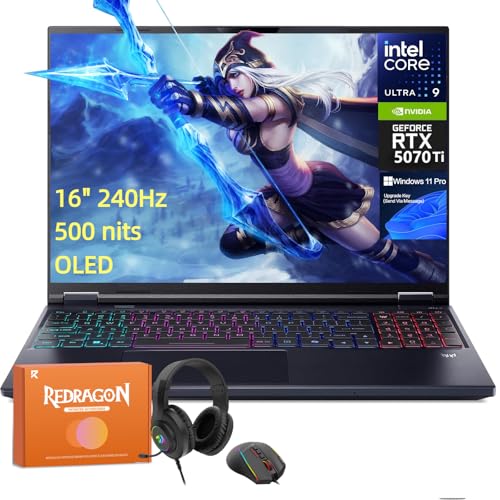 acer Predator Helios Neo 16S AI Ordinateur portable de jeu, Intel Core Ultra 9 275HX jusqu'à 13 NPU, GeForce RTX 5070Ti 12 Go GDDR7, 16 240 Hz 500 nits, 64 Go DDR5, 4 To SSD, Windows 11 Pro, avec