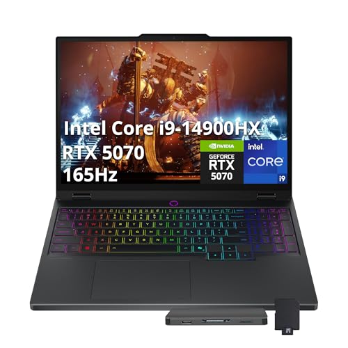 Lenovo Legion 5 15 WQXGA Ordinateur portable de jeu 165 Hz, Intel i9-14900HX, 64 Go DDR5, 4 To SSD, GeForce RTX 5070 8 Go GDDR7, clavier rétroéclairé RVB 24 zones, Windows 11, Wi-Fi 7, noir, station