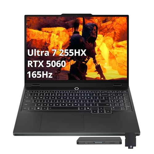 Lenovo Legion Ordinateur portable de jeu WQXGA 165 Hz, Intel Ultra 7 255HX, GeForce RTX 5060 GDDR7, 64 Go DDR5, 5 To de stockage (SSD 4 To station d'accueil 1 To), clavier rétroéclairé RVB 24 zones