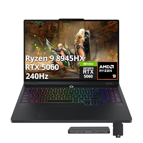 Lenovo Legion Pro 5 Ordinateur portable de jeu WQXGA 16 240 Hz, AMD Ryzen 9 8945HX, NVIDIA GeForce RTX 5060, 16 Go DDR5, 1 To SSD, clavier rétroéclairé RVB 24 zones, WiFi 7, Win 11 Pro, noir, station