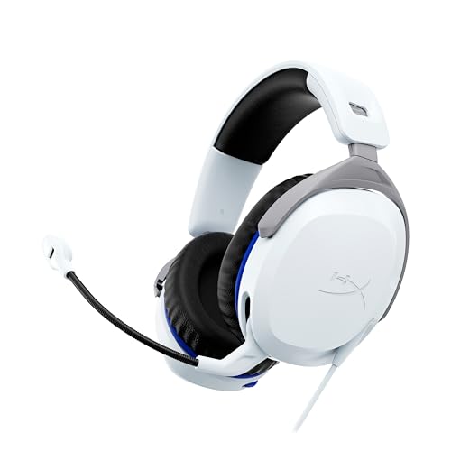 HyperX Cloud Stinger 2 pour PlayStation, Casque Gaming Filaire PS5 PS4 PC, DTS Headphone X Spatial Audio, Haut parleurs 50 mm, Micro antibruit avec Mute par pivotement, Léger, Blanc et Bleu