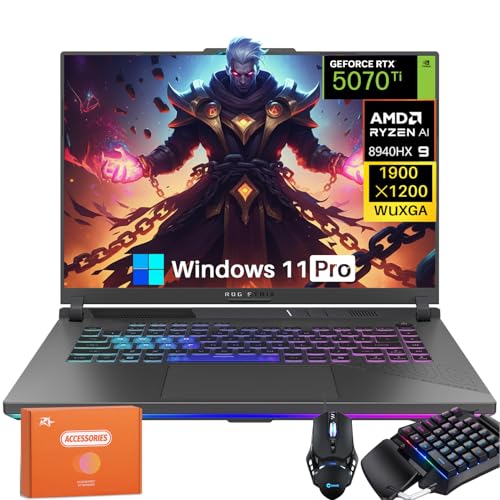 ASUS Ordinateur portable de jeu ROG Strix G16 2025, RTX 5070Ti 12 Go GDDR7, Ryzen 9 8940HX (16 cœurs, jusqu'à 5,3 GHz), 64 Go DDR5, 2 To SSD, WUXGA 165 Hz, Windows 11 Pro, avec clavier et accessoires