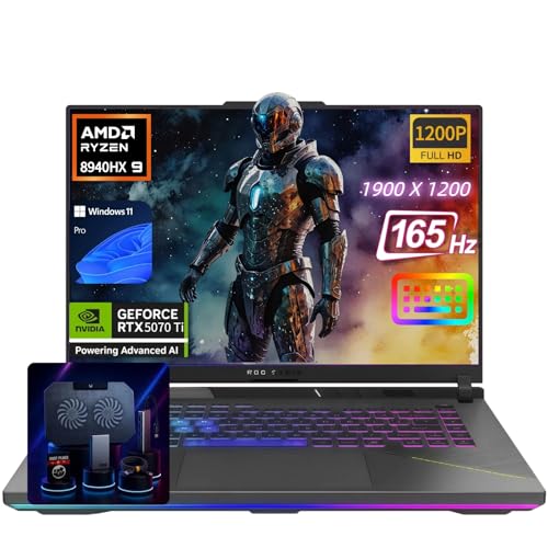 ASUS ROG Strix-G16 Ordinateur Portable de Jeu – 16 165 Hz FHD , NVIDIA GeForce RTX 5070 Ti, AMD Ryzen 9 8940HX (jusqu'à 5,2 GHz), Win11 Pro, KB rétroéclairé, Wi-FI 6E, avec Accessoires (32 Go de RAM